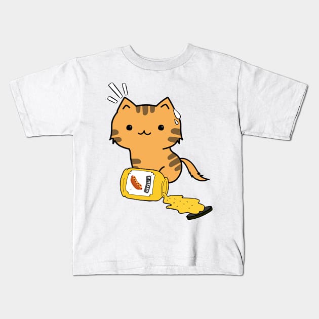 Cute Orange Cat Spilled a jar of mustard sauce Kids T-Shirt by Pet Station